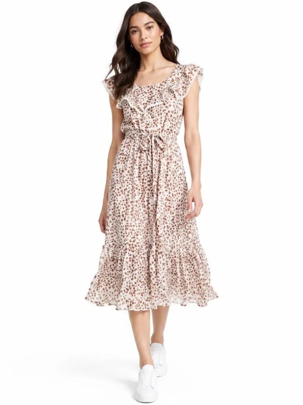 RIXO Rixo Brown Boho Floral Ruffle Prairie Midi Dress Tie Waist Cottage